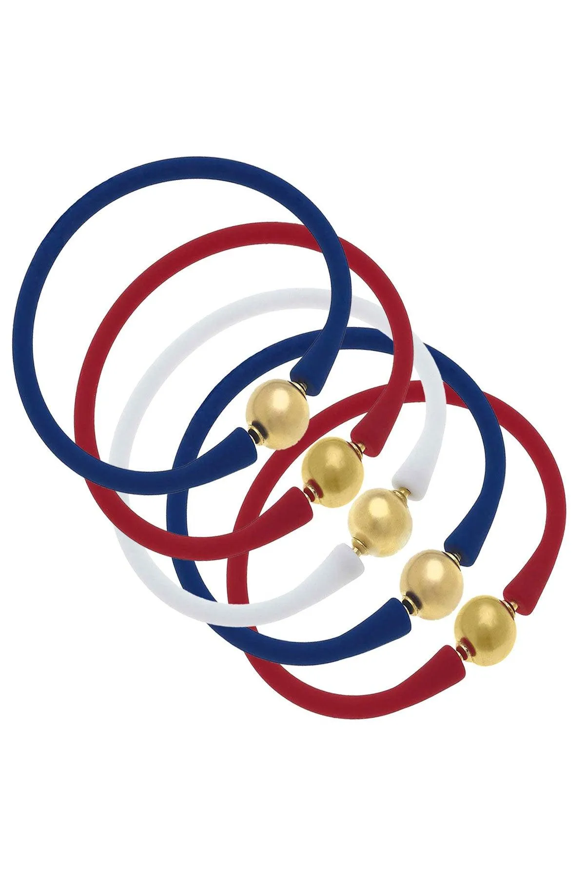 Bali 24K Gold Silicone Bracelet Stack of 5 in Red, White & Royal Blue sold by Canvas Style