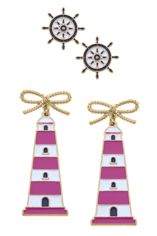 Bridget Navy Nautical Ship's Wheel Stud and Luna Pink Lighthouse Earring Set sold by Canvas Style