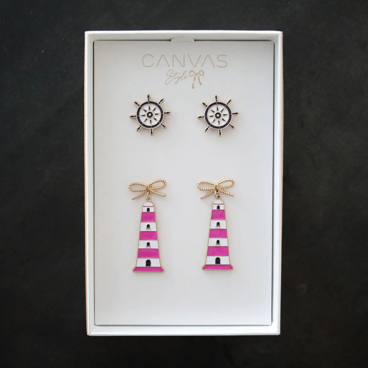 Bridget Navy Nautical Ship's Wheel Stud and Luna Pink Lighthouse Earring Set sold by Canvas Style product image thumbnail 2