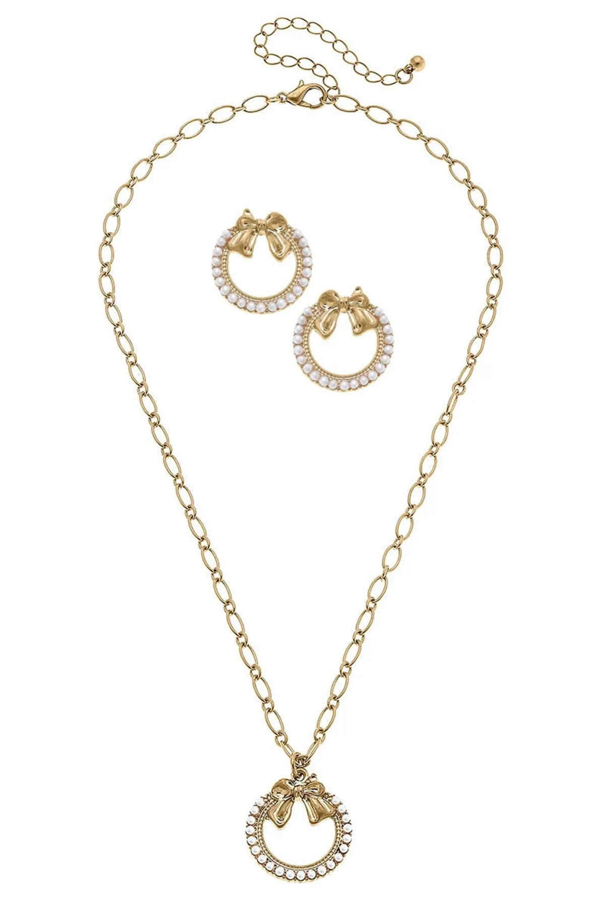 Rowen Pearl Bow Wreath Earring and Necklace Set sold by Canvas Style