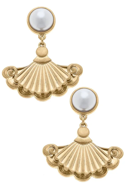 Suz French Fan & Pearl Drop Earrings in Worn Gold sold by Canvas Style
