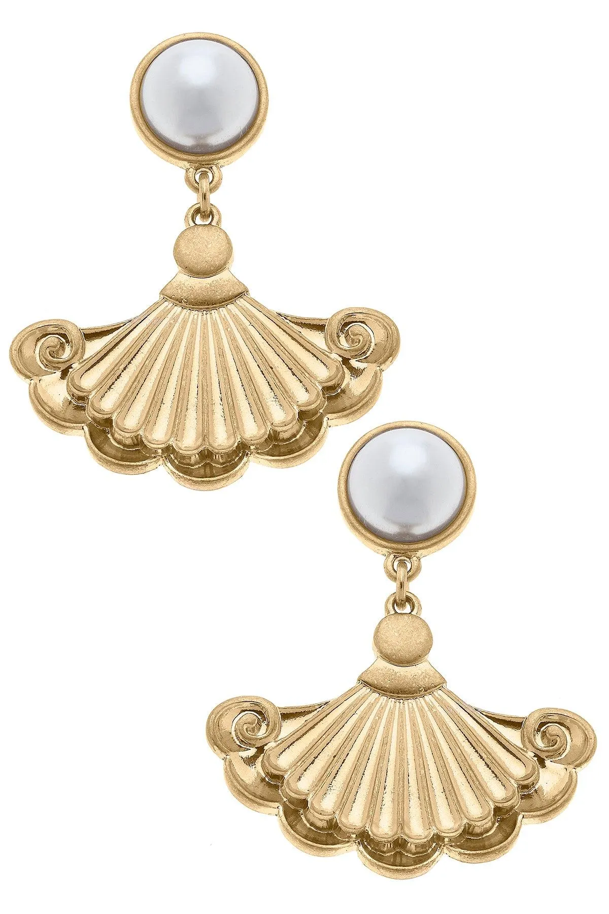 Suz French Fan & Pearl Drop Earrings in Worn Gold sold by Canvas Style
