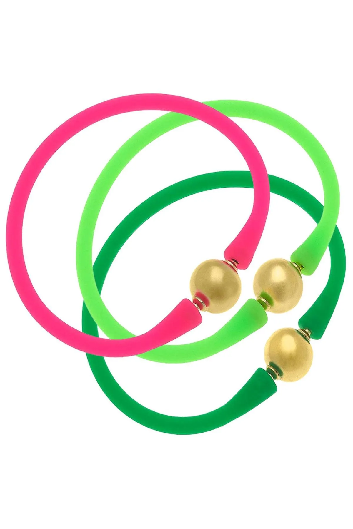 Bali 24K Gold Silicone Bracelet Stack of 3 in Neon Pink, Neon Green & Green sold by Canvas Style