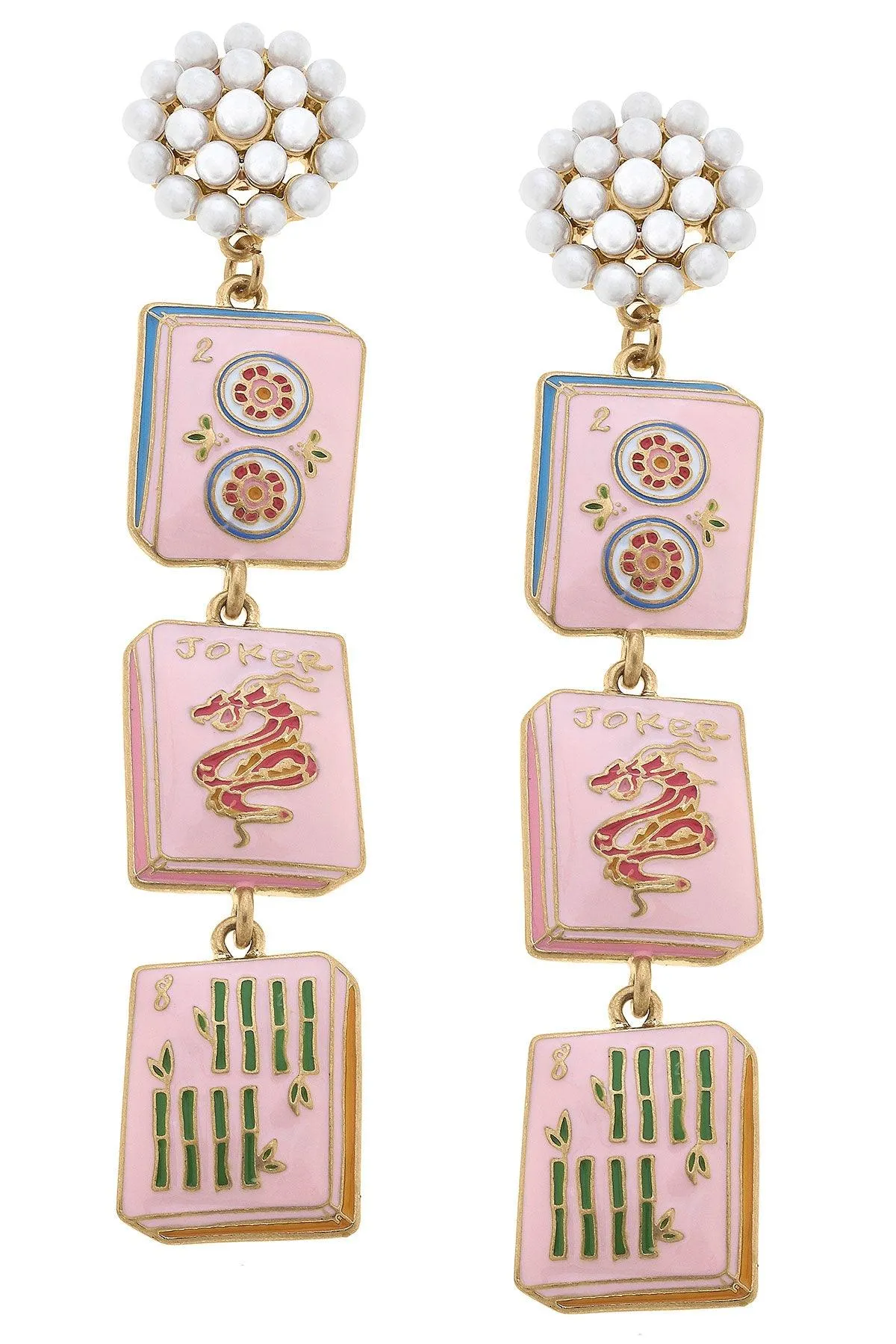 Mahjong Tile Triple Drop Pearl Cluster Enamel Earrings in Pink sold by Canvas Style