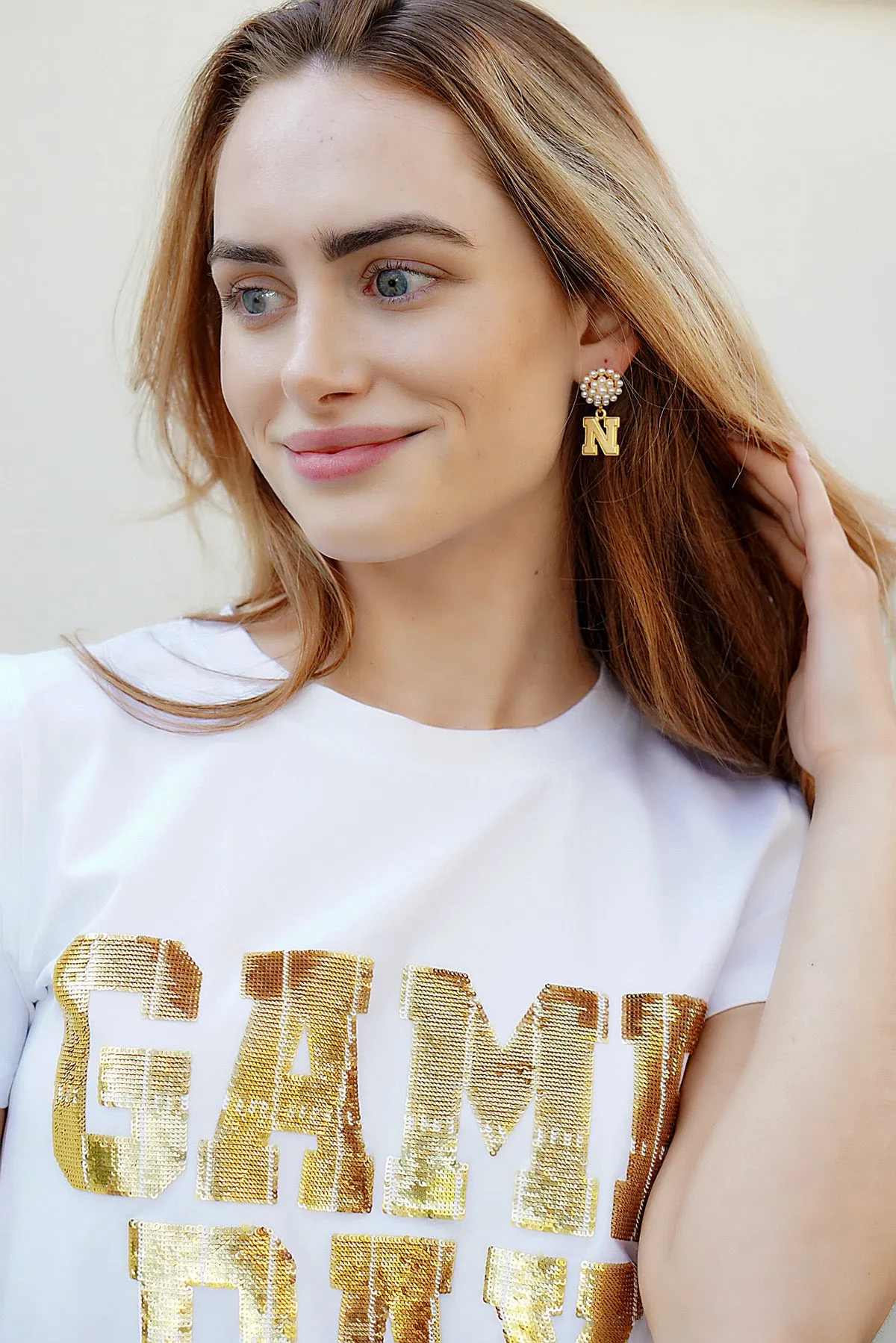 Nebraska Cornhuskers Pearl Cluster 24K Gold Plated Logo Earrings sold by Canvas Style product image thumbnail 2