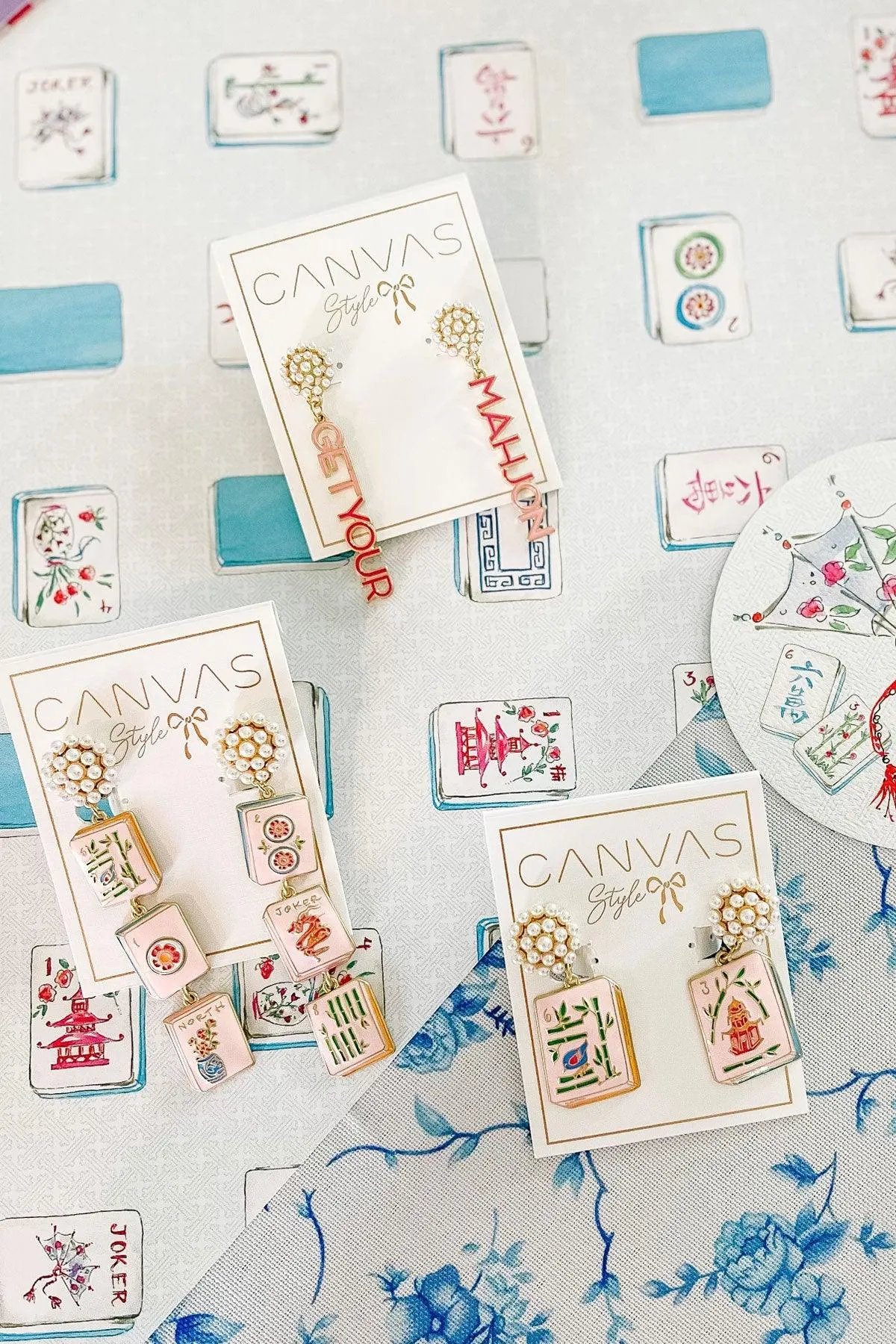 Mahjong Tile Triple Drop Pearl Cluster Enamel Earrings in Pink sold by Canvas Style product image thumbnail 2