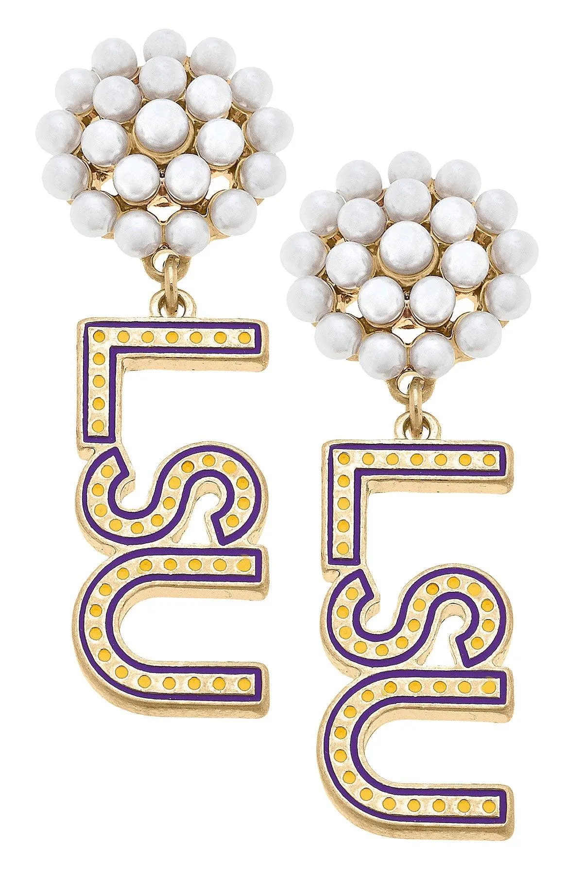 LSU Tigers Pearl Cluster Dotted Enamel Drop Earrings - FINAL SALE sold by Canvas Style