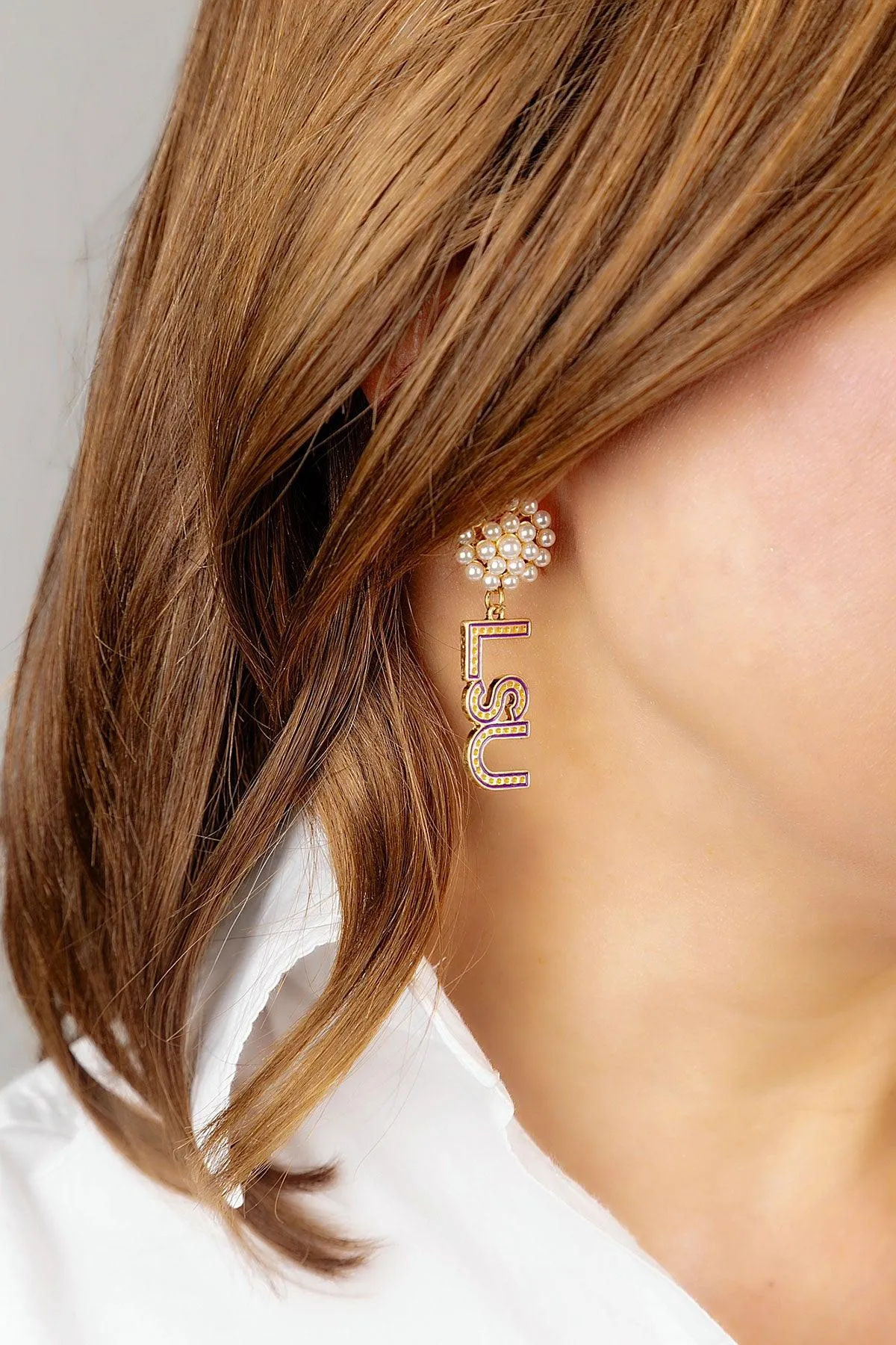 LSU Tigers Pearl Cluster Dotted Enamel Drop Earrings - FINAL SALE sold by Canvas Style product image thumbnail 2