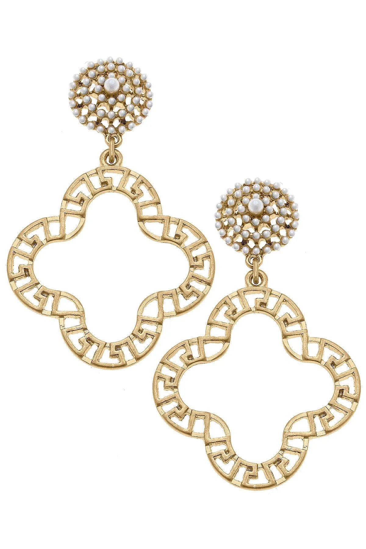 Emilia Greek Keys Clover & Pearl Studded Statement Earrings in Worn Gold sold by Canvas Style