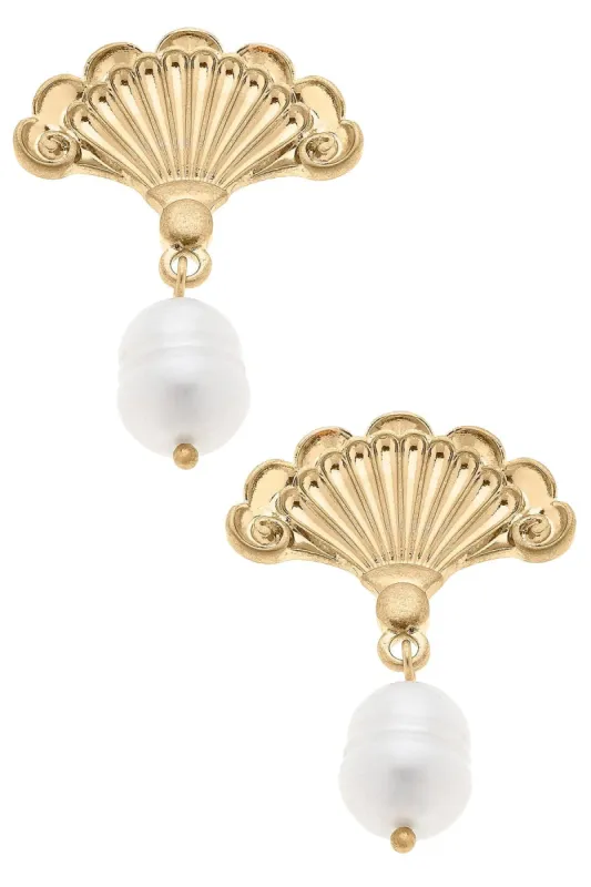 Brigitte French Fan & Pearl Drop Earrings in Worn Gold sold by Canvas Style