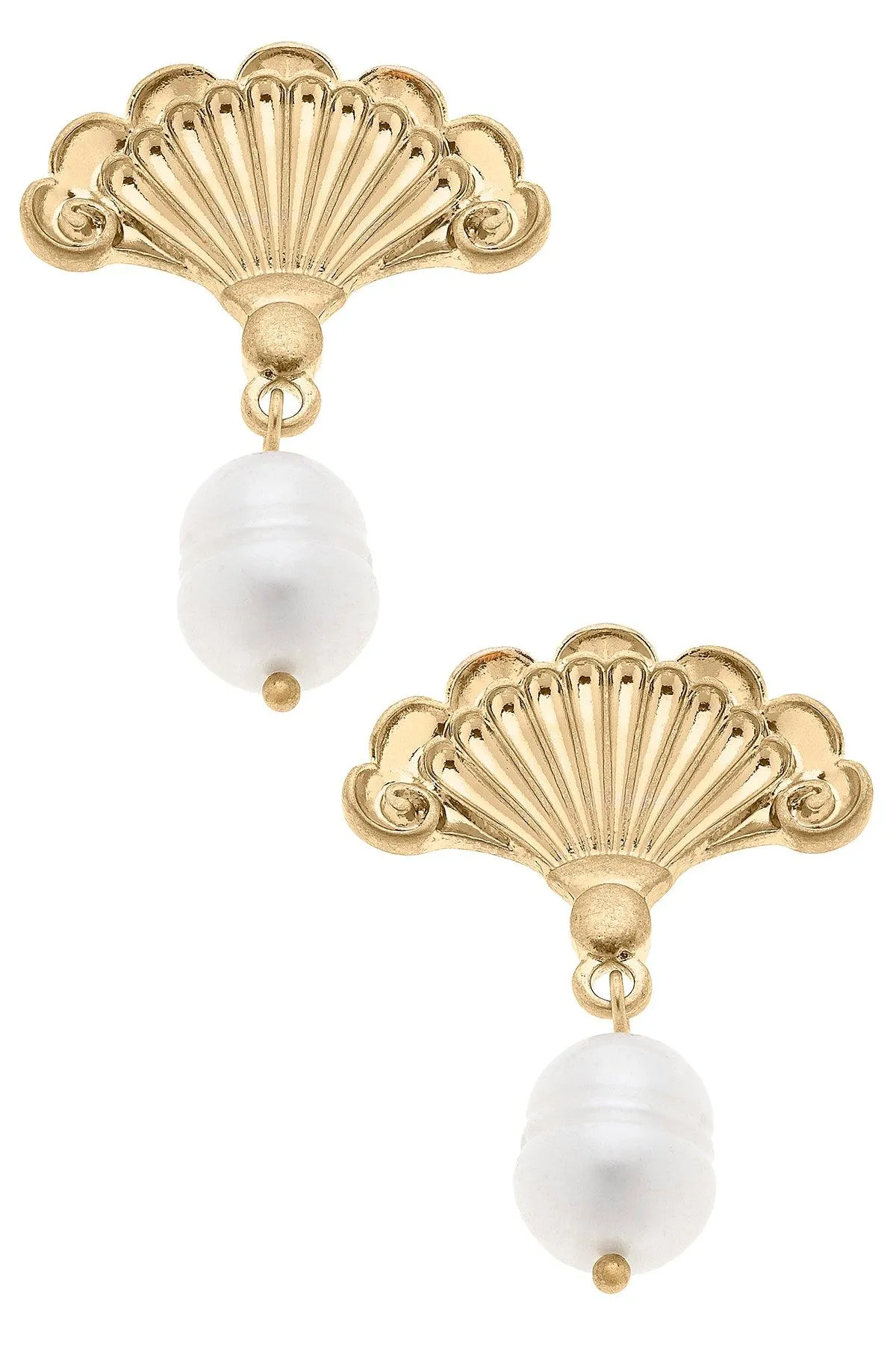 Brigitte French Fan & Pearl Drop Earrings in Worn Gold sold by Canvas Style