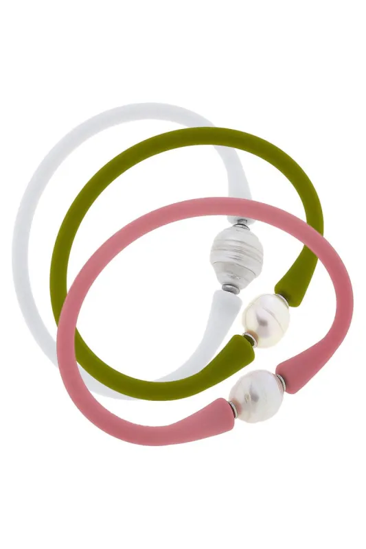 Bali Freshwater Pearl Silicone Bracelet Stack of 3 in Pink, Peridot & White sold by Canvas Style