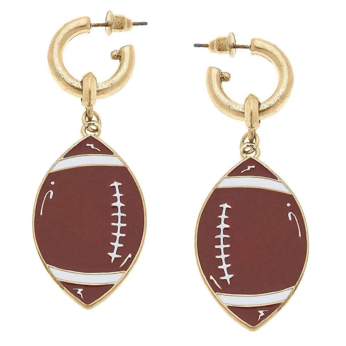 Game Day Enamel Football Drop Hoop Earrings in Worn Gold sold by Canvas Style