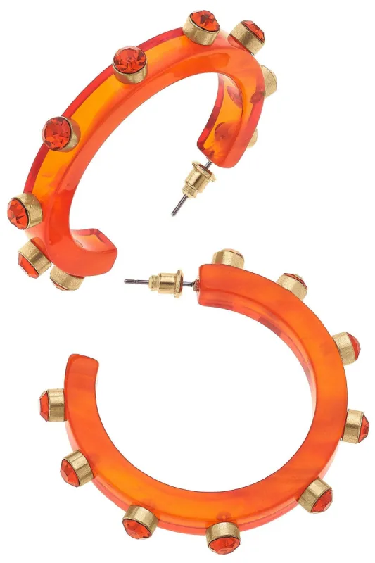 Renee Resin and Rhinestone Hoop Earrings in Orange sold by Canvas Style