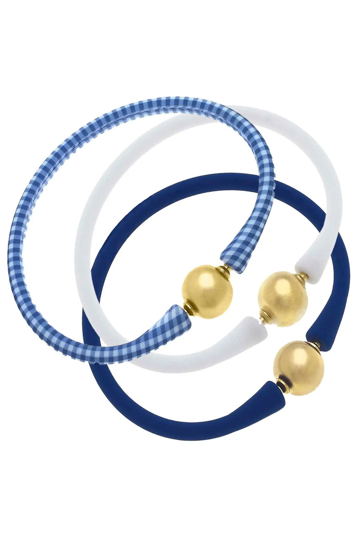 Bali 24K Gold Silicone Bracelet Stack of 3 in Gingham Blue, White & Royal Blue sold by Canvas Style