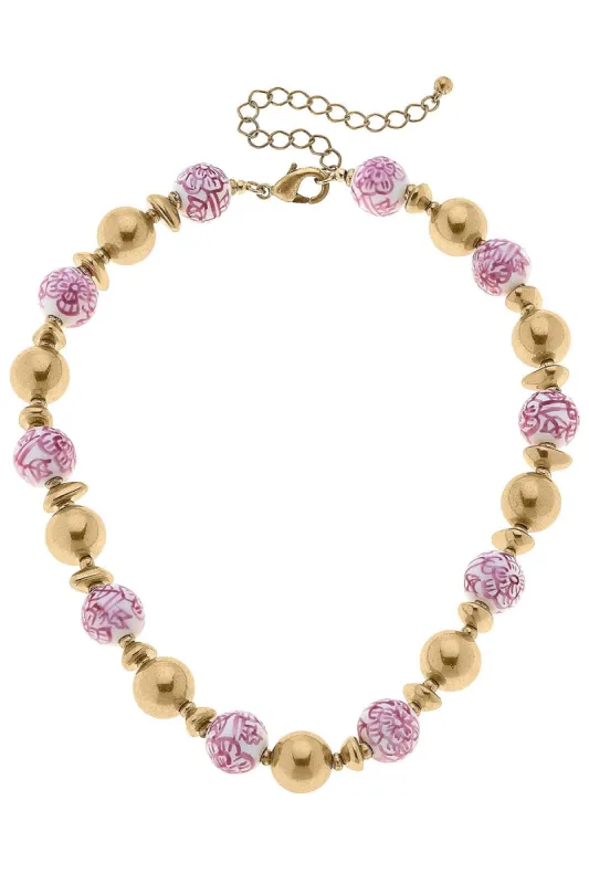 Regina Chinoiserie & Ball Bead Necklace in Pink & White - FINAL SALE sold by Canvas Style