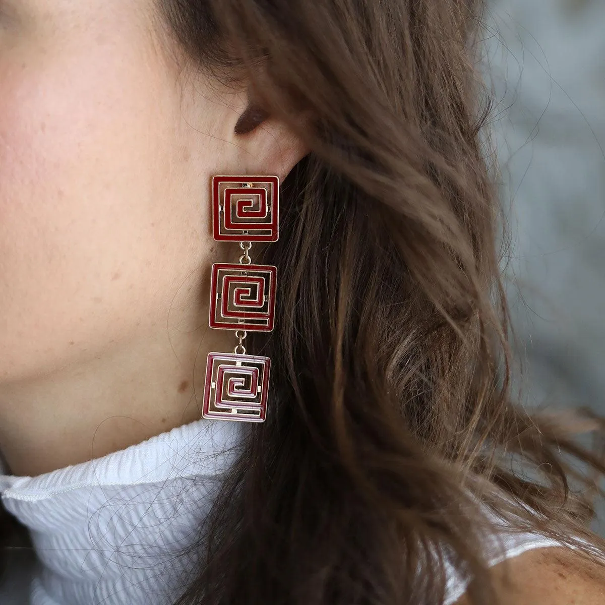 Gretchen Game Day Greek Keys Linked Enamel Earrings in Maroon sold by Canvas Style product image thumbnail 2