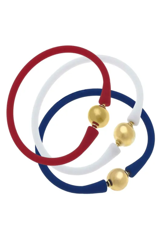 Bali 24K Gold Silicone Bracelet Stack of 3 in Red, White & Royal Blue sold by Canvas Style
