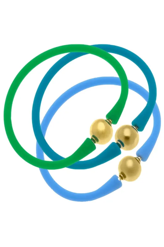 Bali 24K Gold Silicone Bracelet Stack of 3 in Green, Teal & Aqua sold by Canvas Style