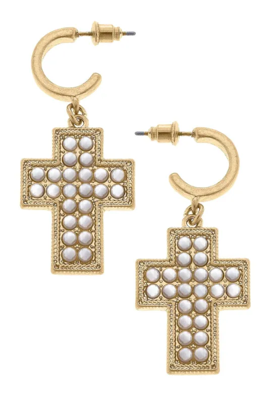 Abigail Pearl Cross Drop Hoop Earrings in Worn Gold sold by Canvas Style