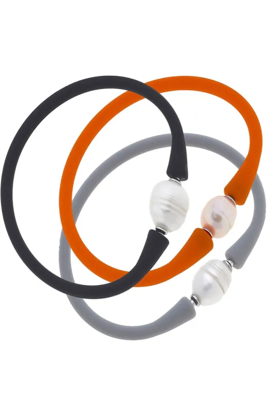 Bali Freshwater Pearl Silicone Bracelet Stack of 3 in Steel Grey, Orange & Black sold by Canvas Style