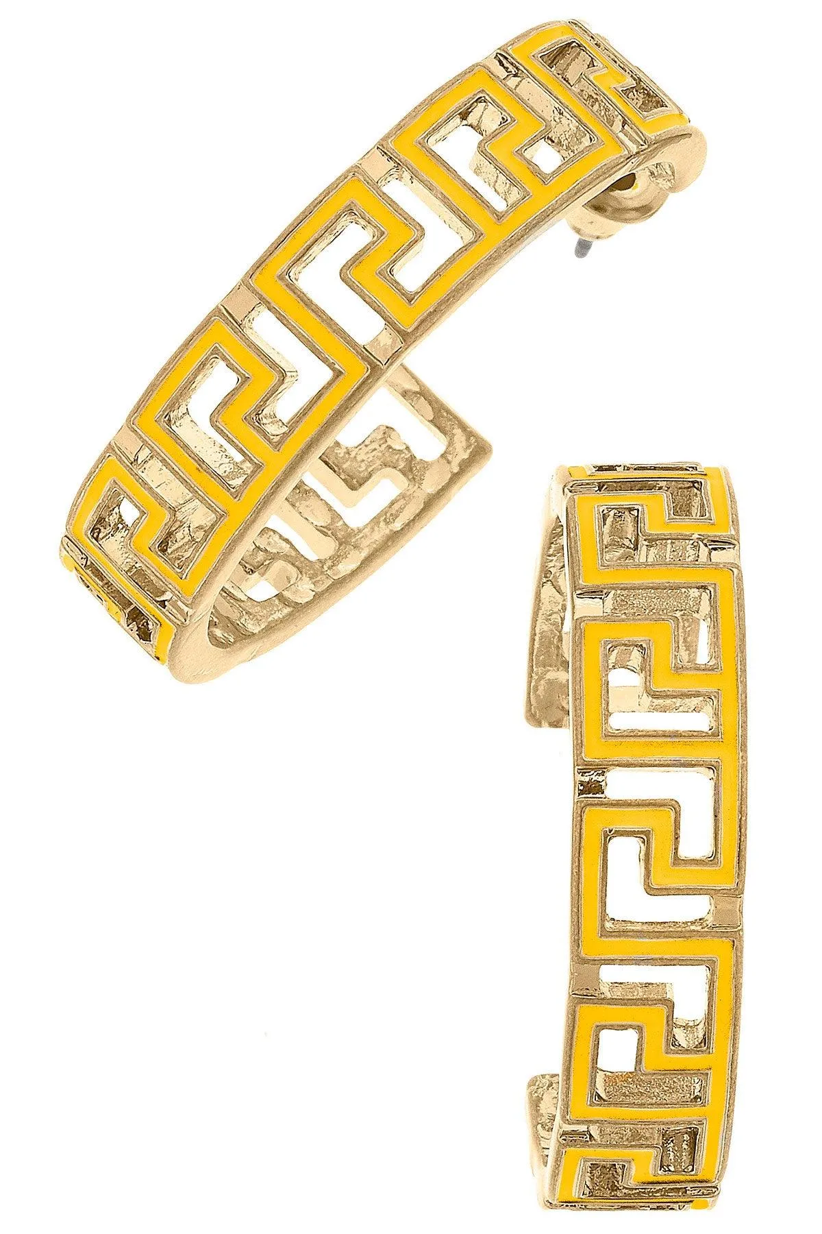 Ryan Game Day Greek Keys Enamel Hoop Earrings in Yellow sold by Canvas Style