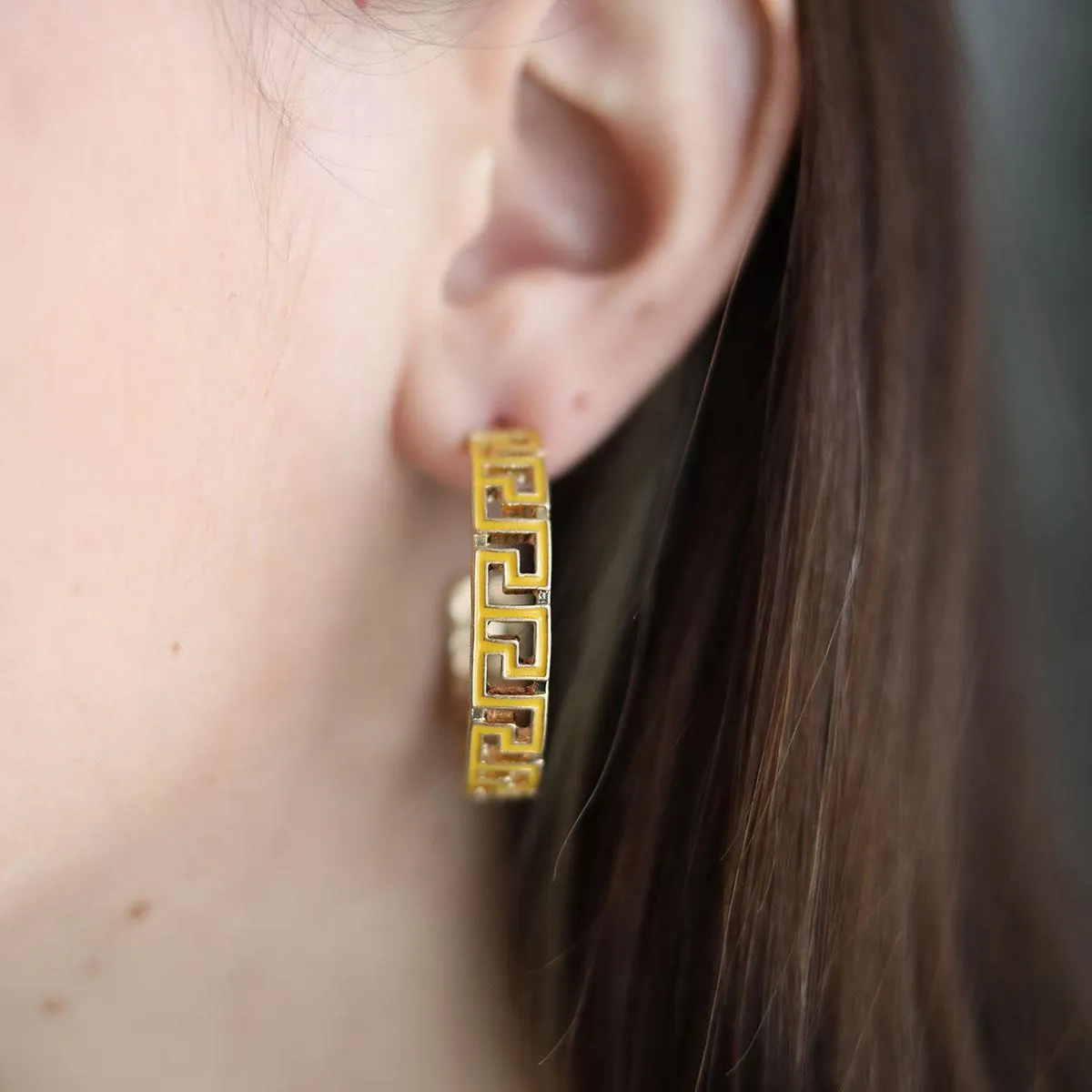 Ryan Game Day Greek Keys Enamel Hoop Earrings in Yellow sold by Canvas Style product image thumbnail 2