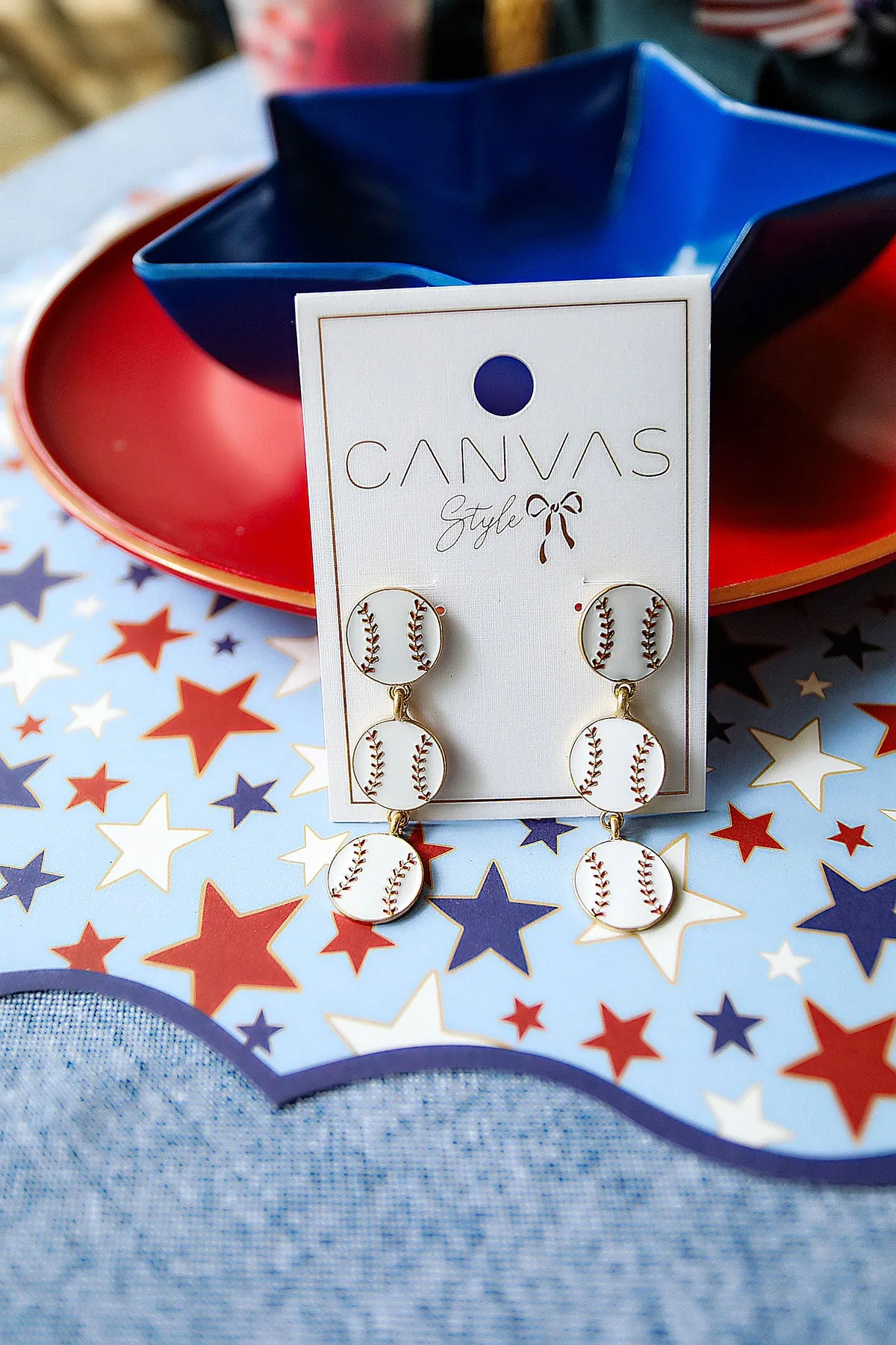 Baseball Triple Drop Enamel Earrings in White & Red sold by Canvas Style product image thumbnail 3