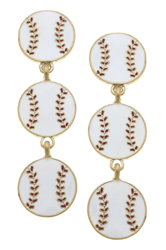 Baseball Triple Drop Enamel Earrings in White & Red sold by Canvas Style