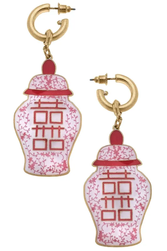 Camille Enamel Double Happiness Temple Jar Earrings in Pink & White sold by Canvas Style