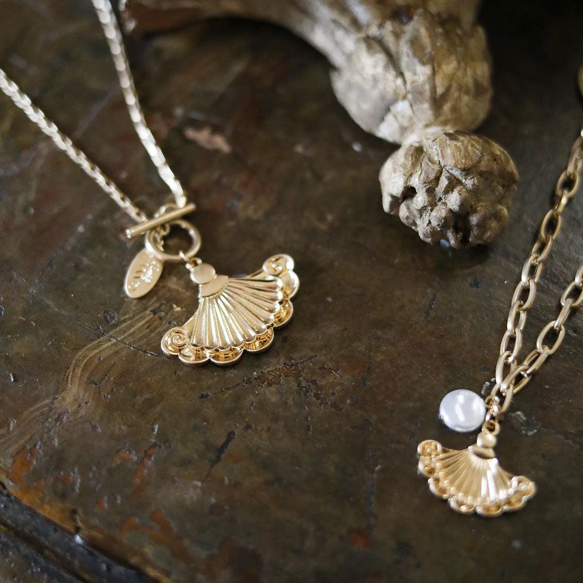 Inès French Fan Pendant T-Bar Necklace in Worn Gold sold by Canvas Style product image thumbnail 3