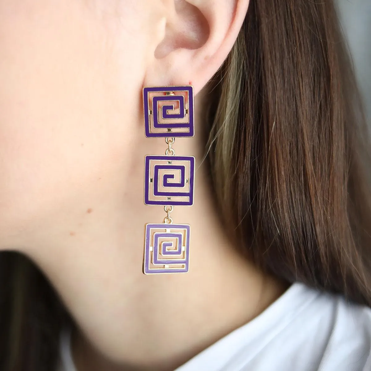 Gretchen Game Day Greek Keys Linked Enamel Earrings in Purple sold by Canvas Style product image thumbnail 2