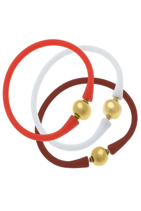 Bali 24K Gold Silicone Bracelet Stack of 3 in Orange, White & Rust sold by Canvas Style