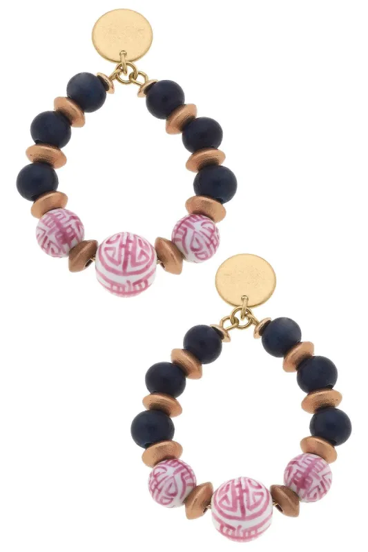 Tansy Pink & White Chinoiserie & Painted Wood Teardrop Earrings in Navy - FINAL SALE sold by Canvas Style