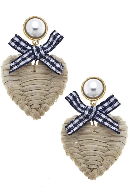 Piper Rattan & Gingham Heart Drop Earrings in Navy sold by Canvas Style