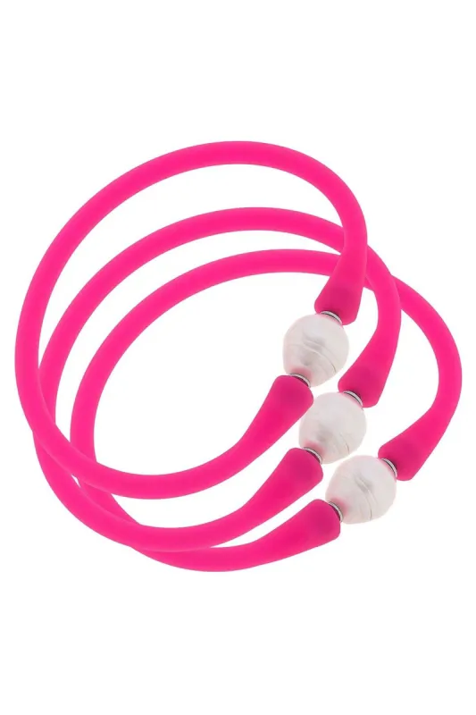 Bali Freshwater Pearl Silicone Bracelet Set of 3 in Fuchsia - FINAL SALE sold by Canvas Style