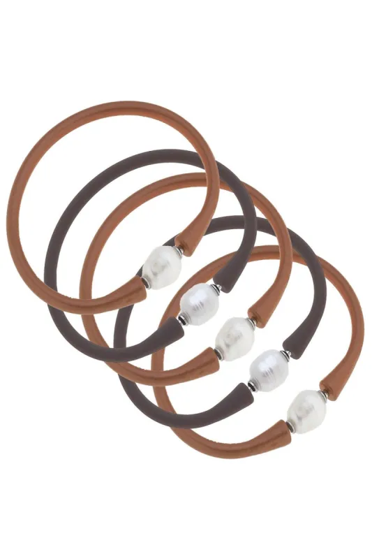Bali Freshwater Pearl Silicone Bracelet Stack of 5 in Metallic Bronze & Chocolate - FINAL SALE sold by Canvas Style