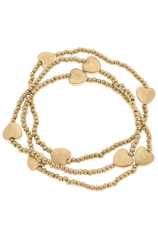 Macy Heart Stacking Stretch Bracelets in Worn Gold - Set of 3 made by Canvas