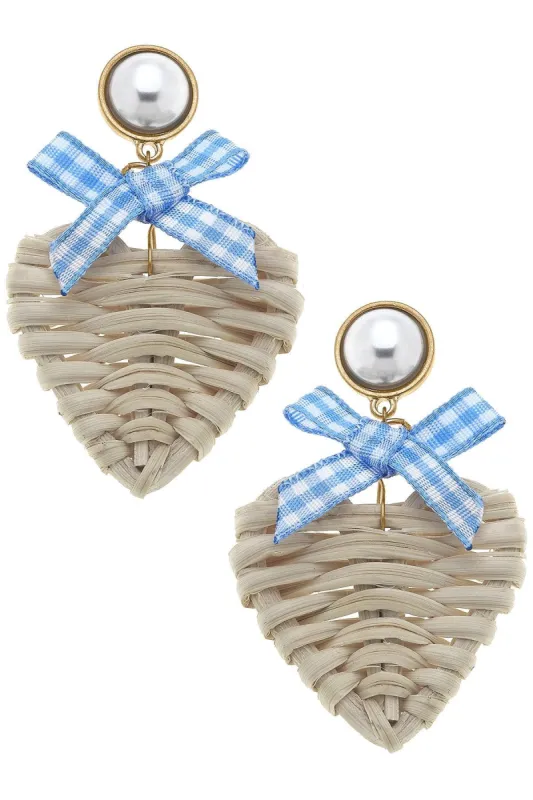 Piper Rattan & Gingham Heart Drop Earrings in Blue sold by Canvas Style