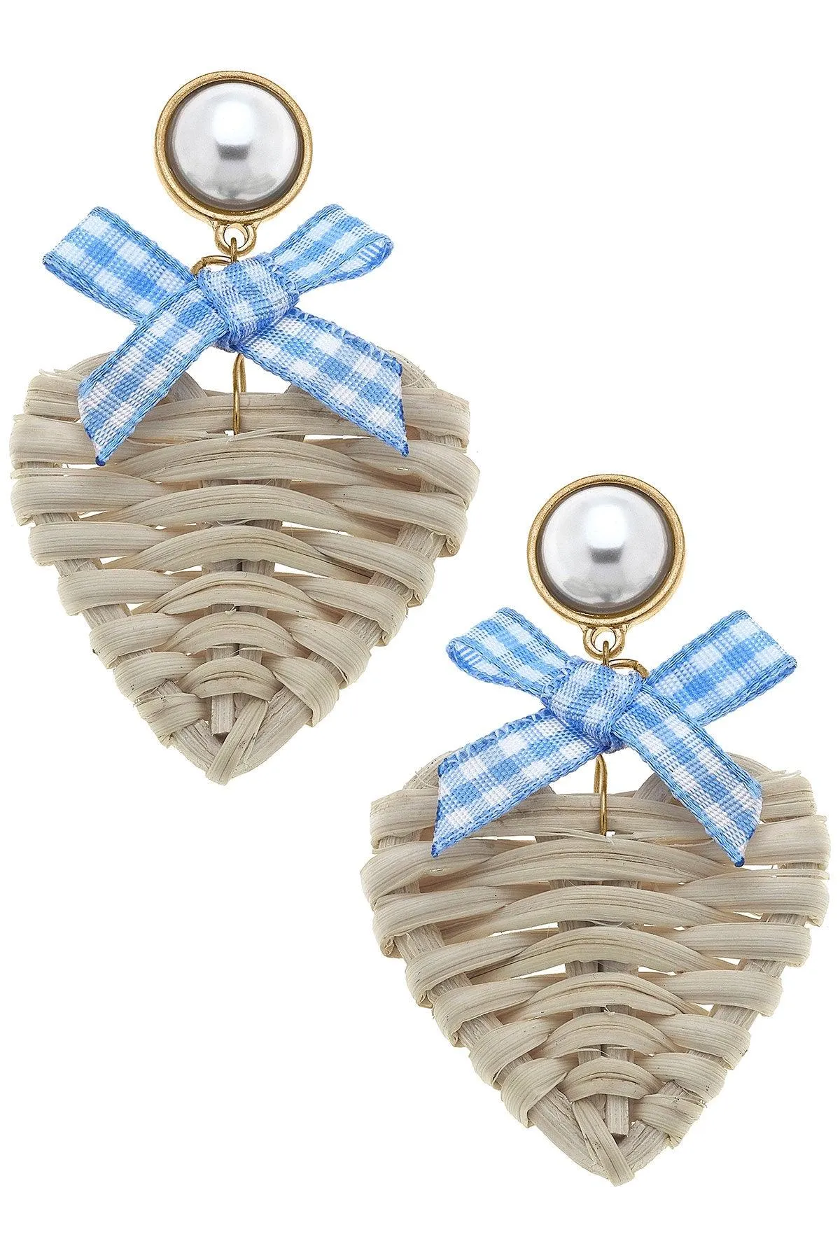 Piper Rattan & Gingham Heart Drop Earrings in Blue sold by Canvas Style