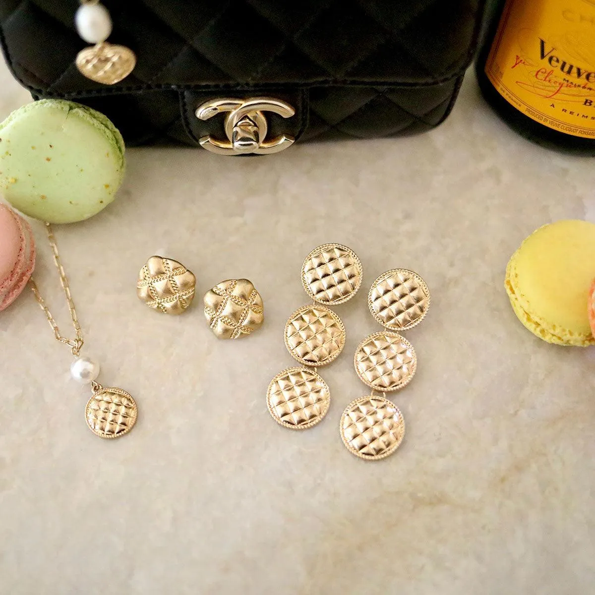 Andee Pearl & Quilted Metal Disc Charm Necklace in Worn Gold sold by Canvas Style product image thumbnail 3