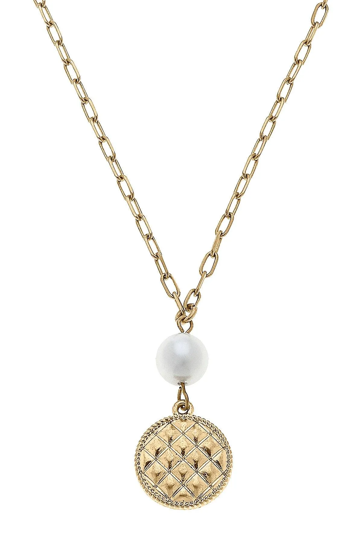 Andee Pearl & Quilted Metal Disc Charm Necklace in Worn Gold sold by Canvas Style