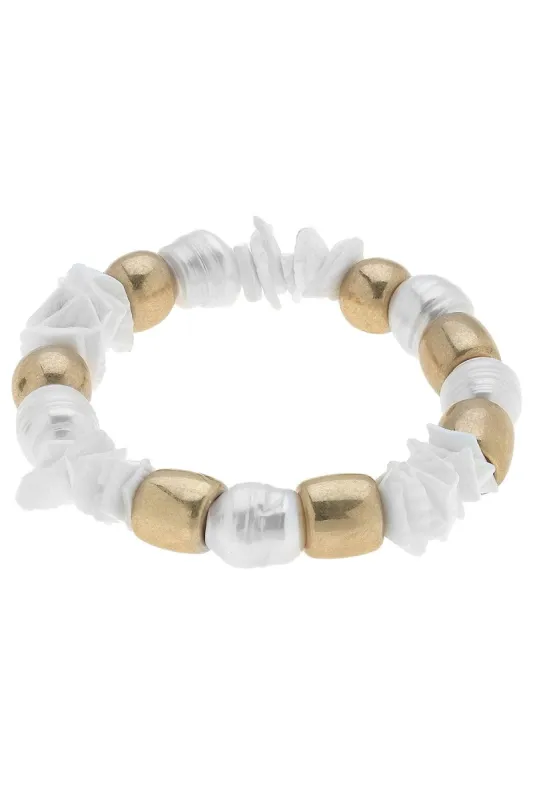 Elle Beaded Shell & Pearl Stretch Bracelet in Ivory sold by Canvas Style