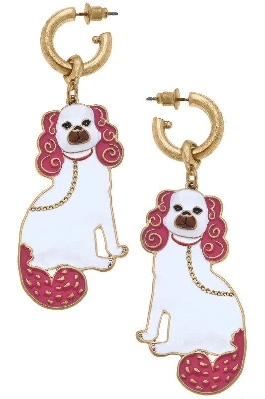 Coco Enamel Staffordshire Dog Earrings in Pink & White sold by Canvas Style