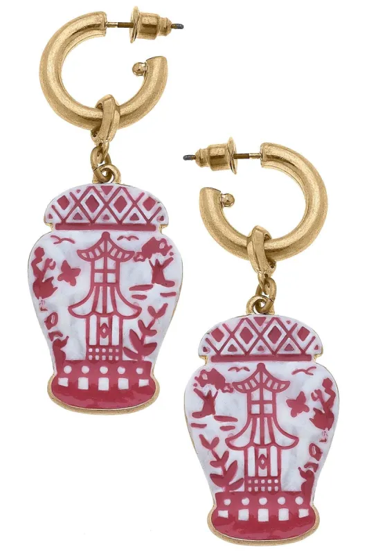 Aubree Enamel Pagoda Ginger Jar Earrings in Pink & White sold by Canvas Style