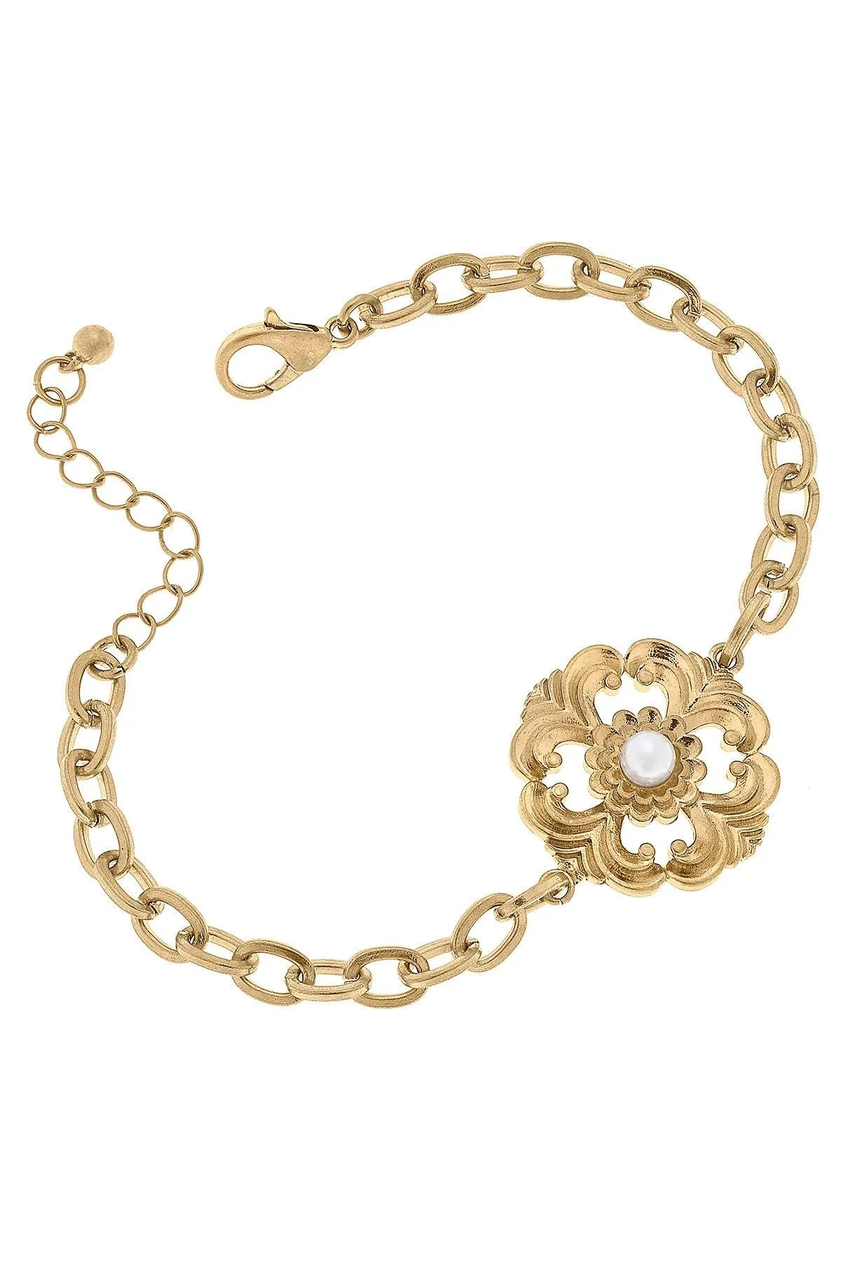 Orleans Acanthus & Pearl Chain Bracelet in Worn Gold sold by Canvas Style