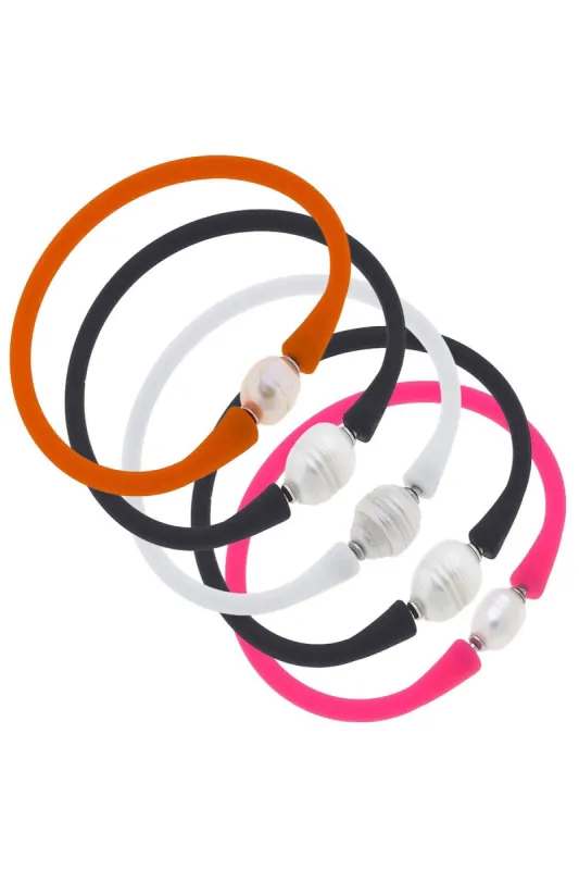 Bali Freshwater Pearl Silicone Bracelet Spinderella Stack of 5 in Orange, Black, White & Neon Pink sold by Canvas Style