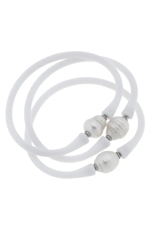Bali Freshwater Pearl Silicone Bracelet Set of 3 in White - FINAL SALE sold by Canvas Style