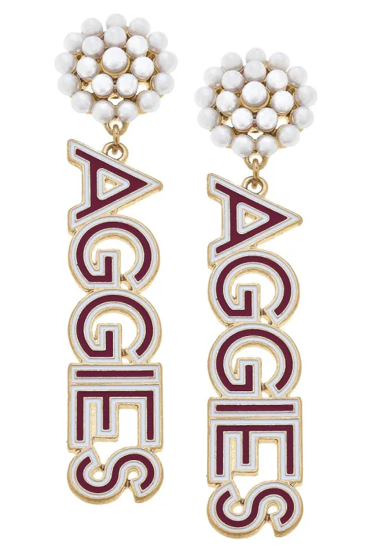 Texas A&M Aggies Pearl Cluster Outline Enamel Drop Earrings sold by Canvas Style