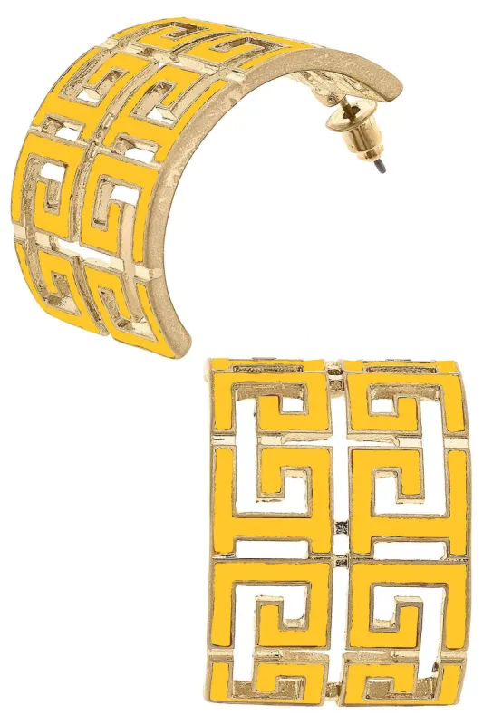 Brennan Game Day Greek Keys Enamel Hoop Earrings in Yellow sold by Canvas Style